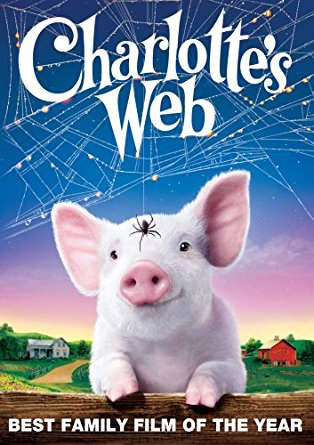 Movie cover of Charlotte's Web; pink piglet with spider on forehead