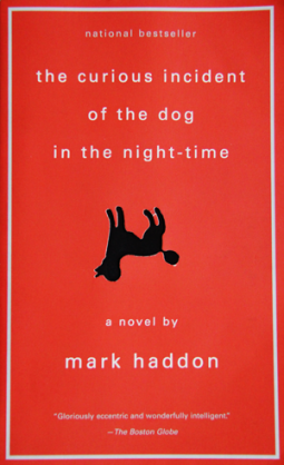 Book cover of the curious incident of the dog in the night time by mark haddon. Read background with upside black poodle in the middle.