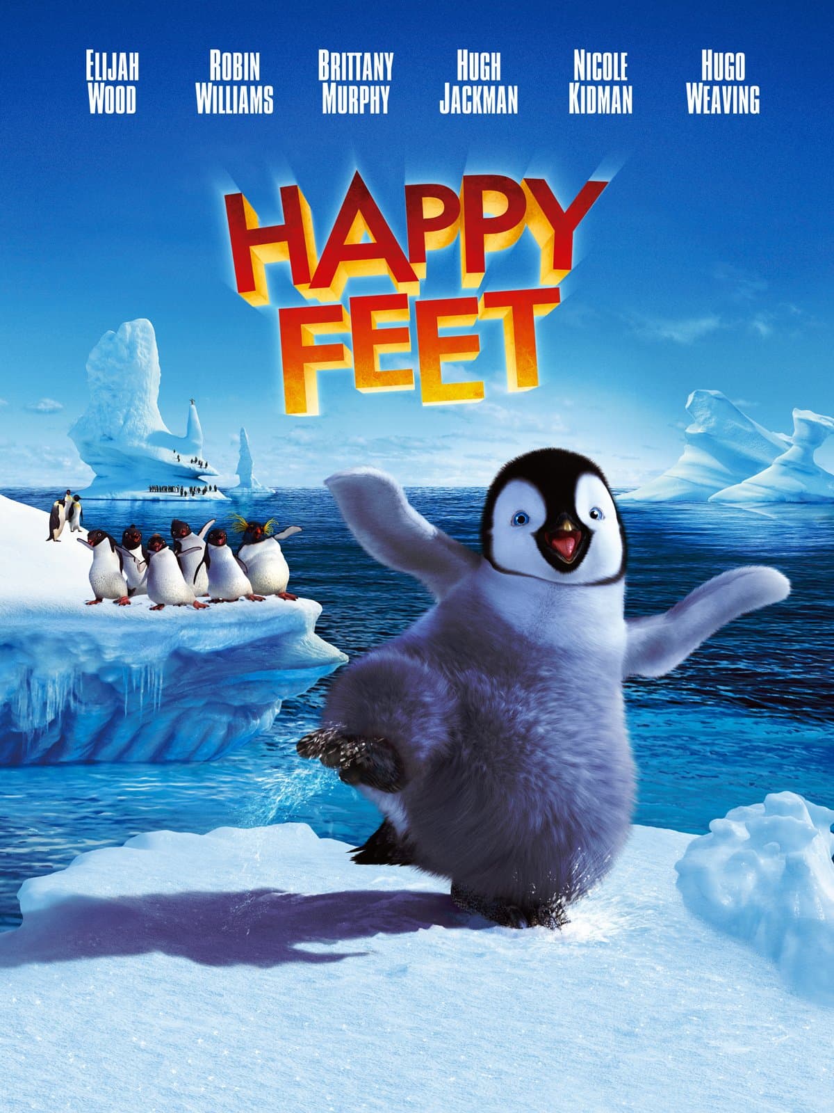 Movie cover of Happy Feet; penguin dancing on ice
