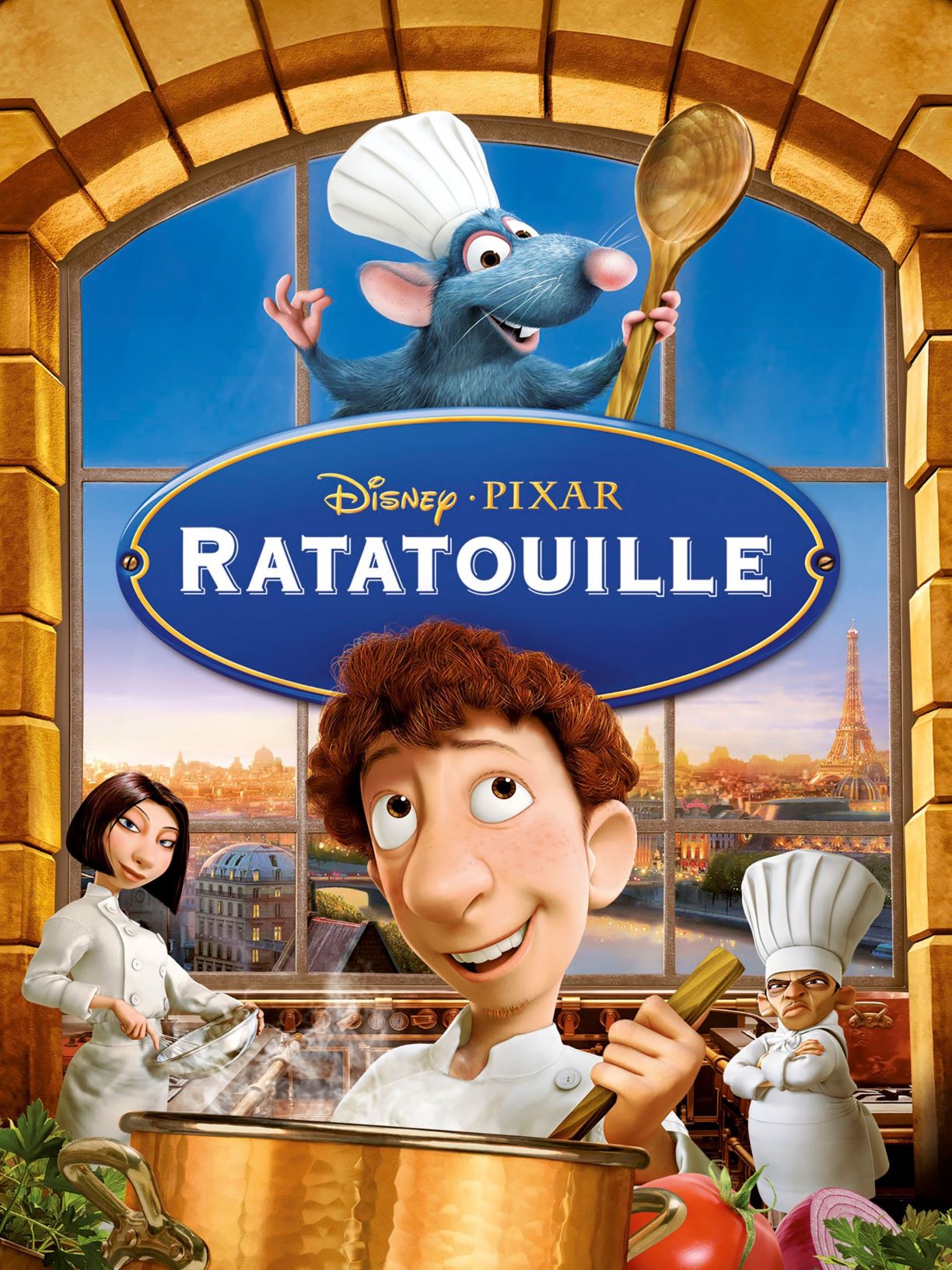 Movie cover of ratatouille showing three human chefs and one rat with chef hat