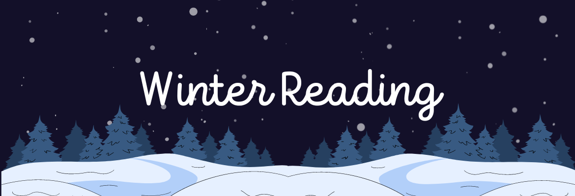 "winter reading" with snowy tree background