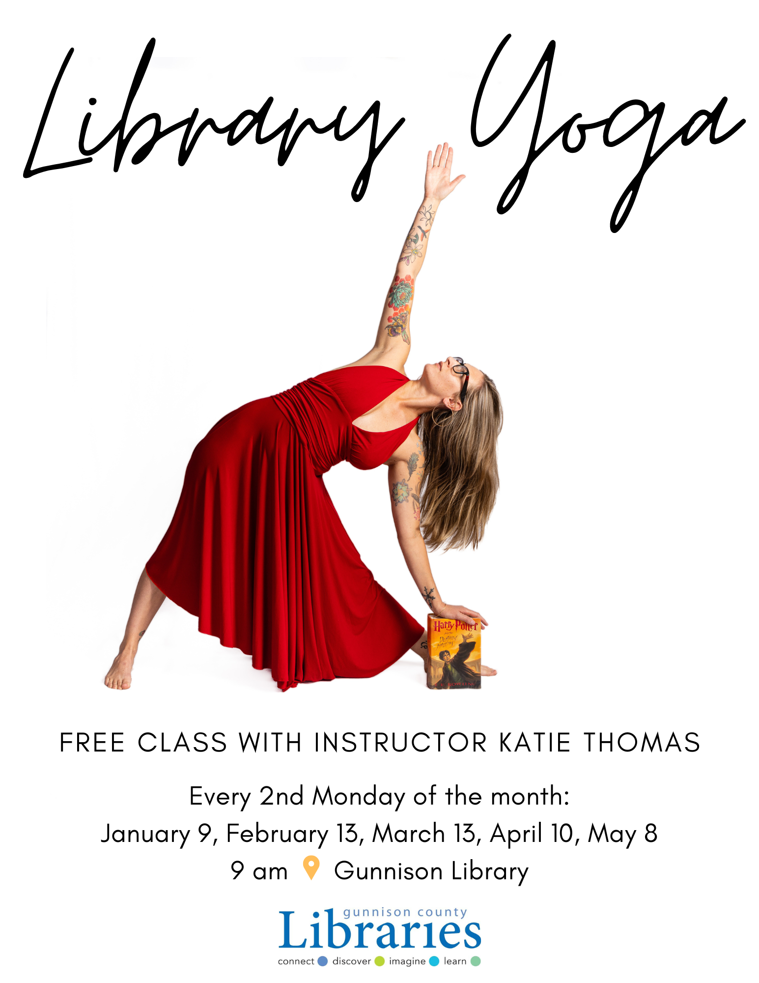 library yoga | free class with instructor katie thomas | every 2nd monday of the month: January 9, February 13, March 13, April 10, May 8 | 9 am at Gunnison Library